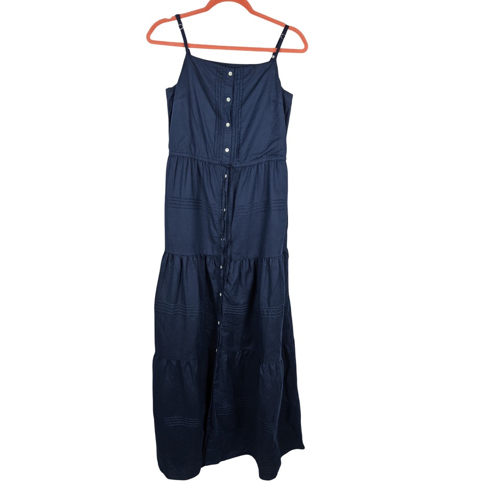 J.McLaughlin Navy Blue Linen Cotton Tiered Maxi Sun Dress Pockets XS